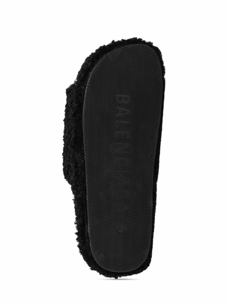 BALENCIAGA BLACK FURRY SLIDE SANDALS - bamn.