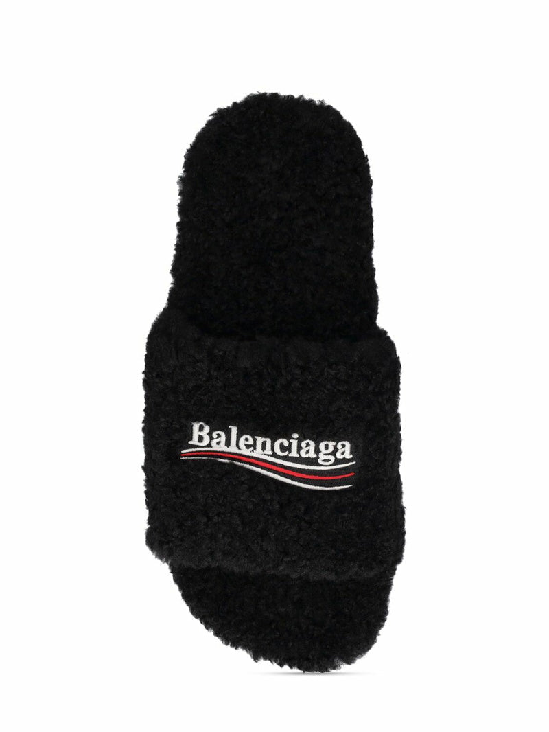 BALENCIAGA BLACK FURRY SLIDE SANDALS - bamn.