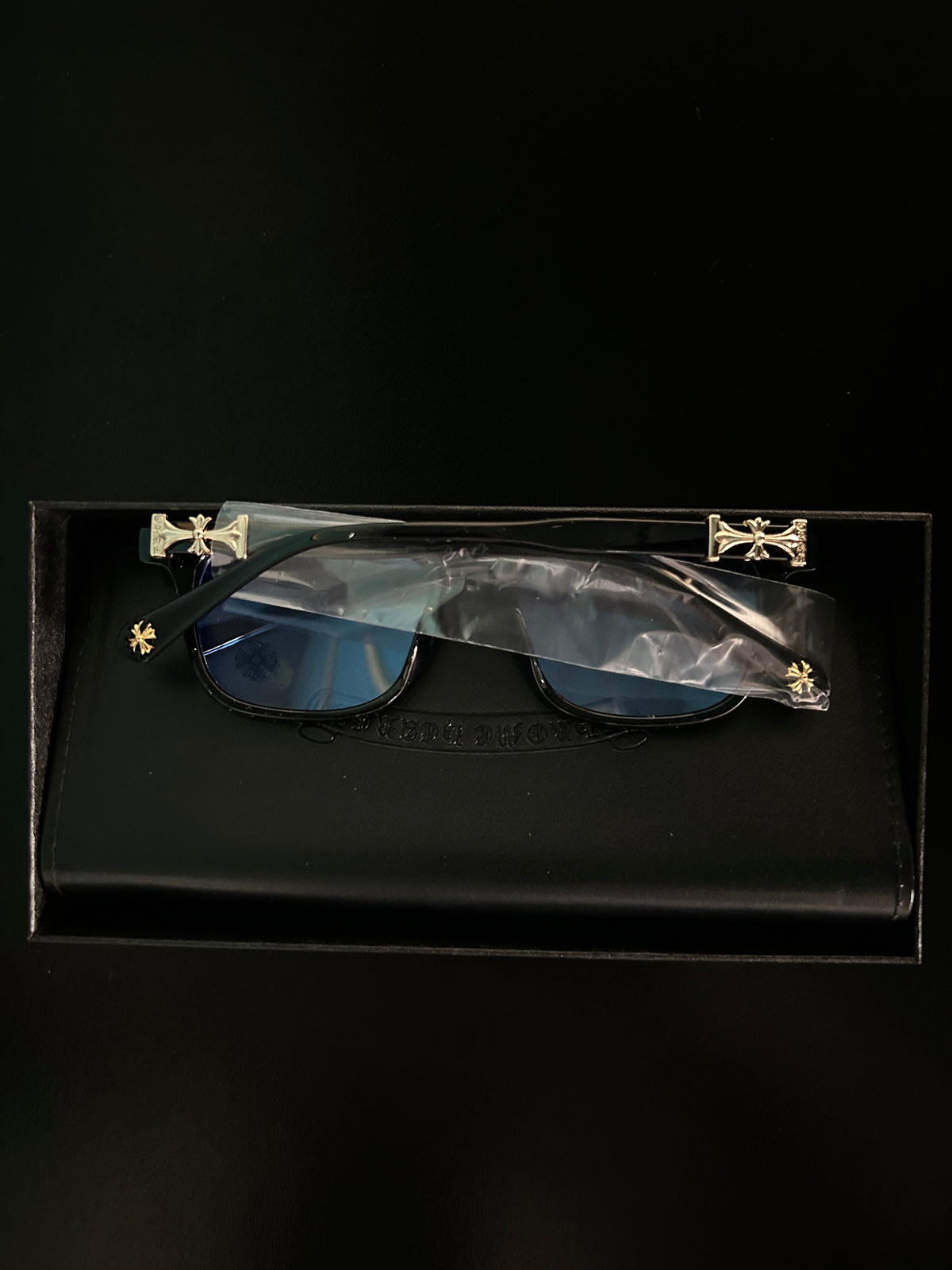Chrome heart glasses - black & silver badges - bamn.
