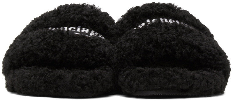BALENCIAGA BLACK FURRY SLIDE SANDALS - bamn.
