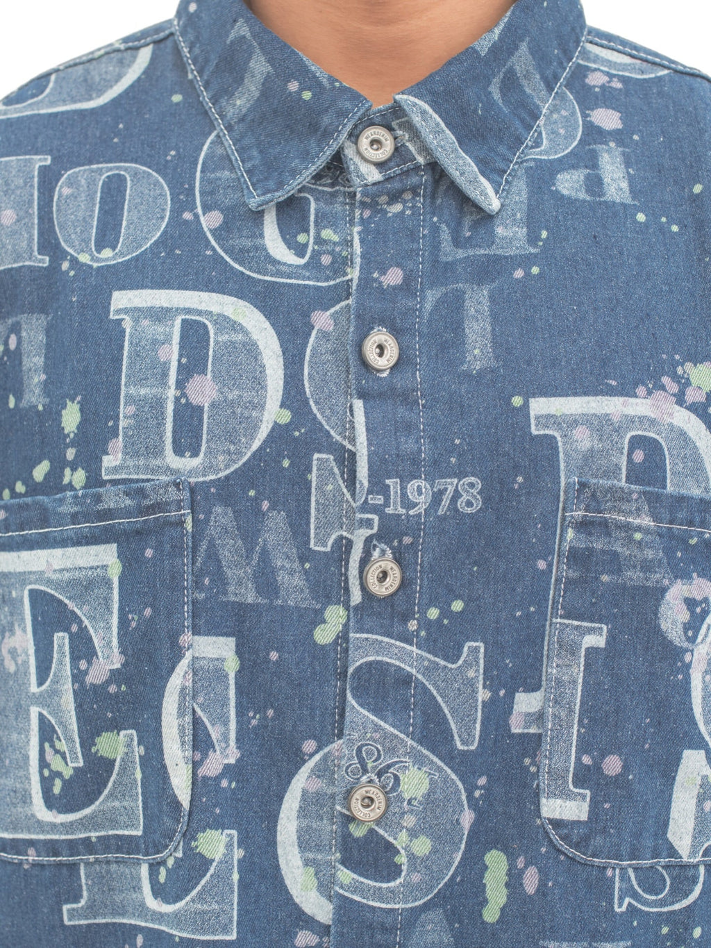 Men's Printed Denim Button-Up Shirt - bamn.
