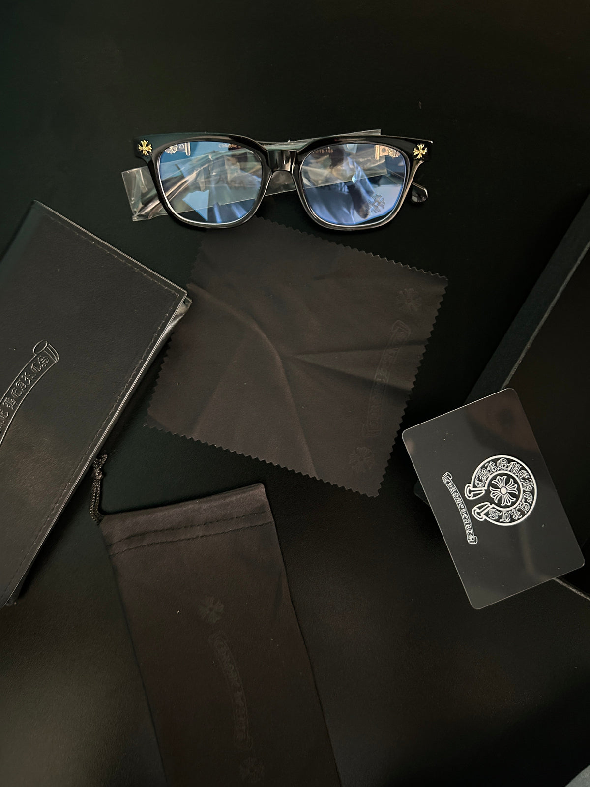 Chrome heart glasses - black & silver badges - bamn.