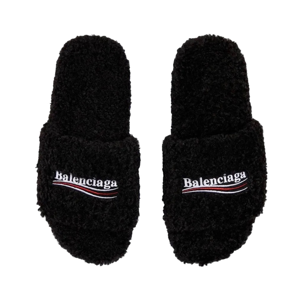BALENCIAGA BLACK FURRY SLIDE SANDALS - bamn.