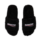 BALENCIAGA BLACK FURRY SLIDE SANDALS - bamn.