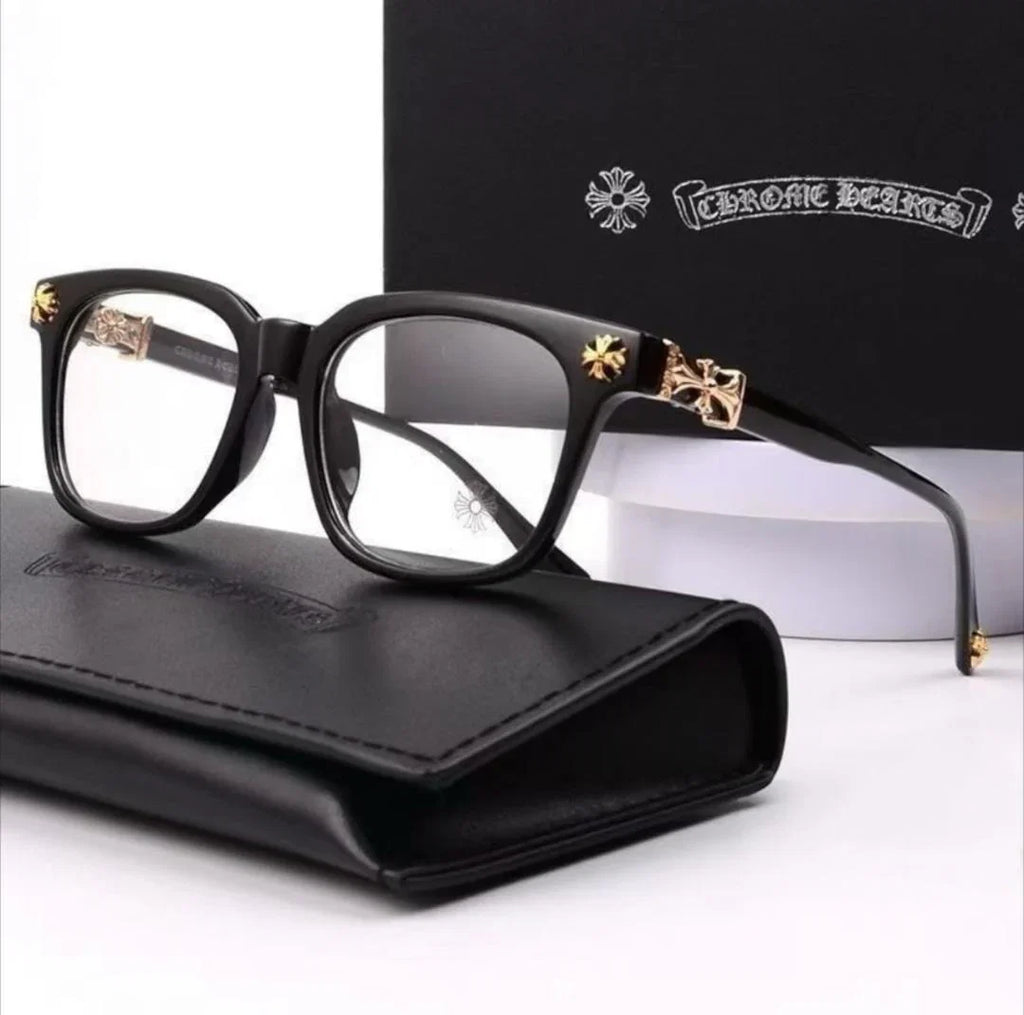 Chrome heart glasses - black & gold badges - bamn.