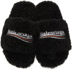 BALENCIAGA BLACK FURRY SLIDE SANDALS - bamn.