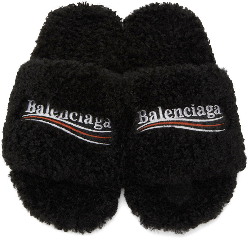 BALENCIAGA BLACK FURRY SLIDE SANDALS - bamn.