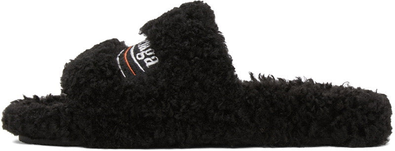 BALENCIAGA BLACK FURRY SLIDE SANDALS
