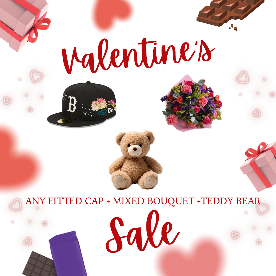 3 Fitted Cap + Mixed Bouquet +Teddy Bear
