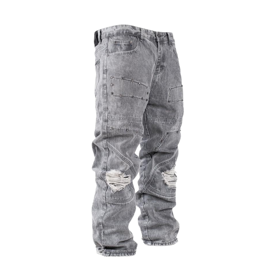 Men’s Grey Utility Distressed Baggy Jeans - bamn.