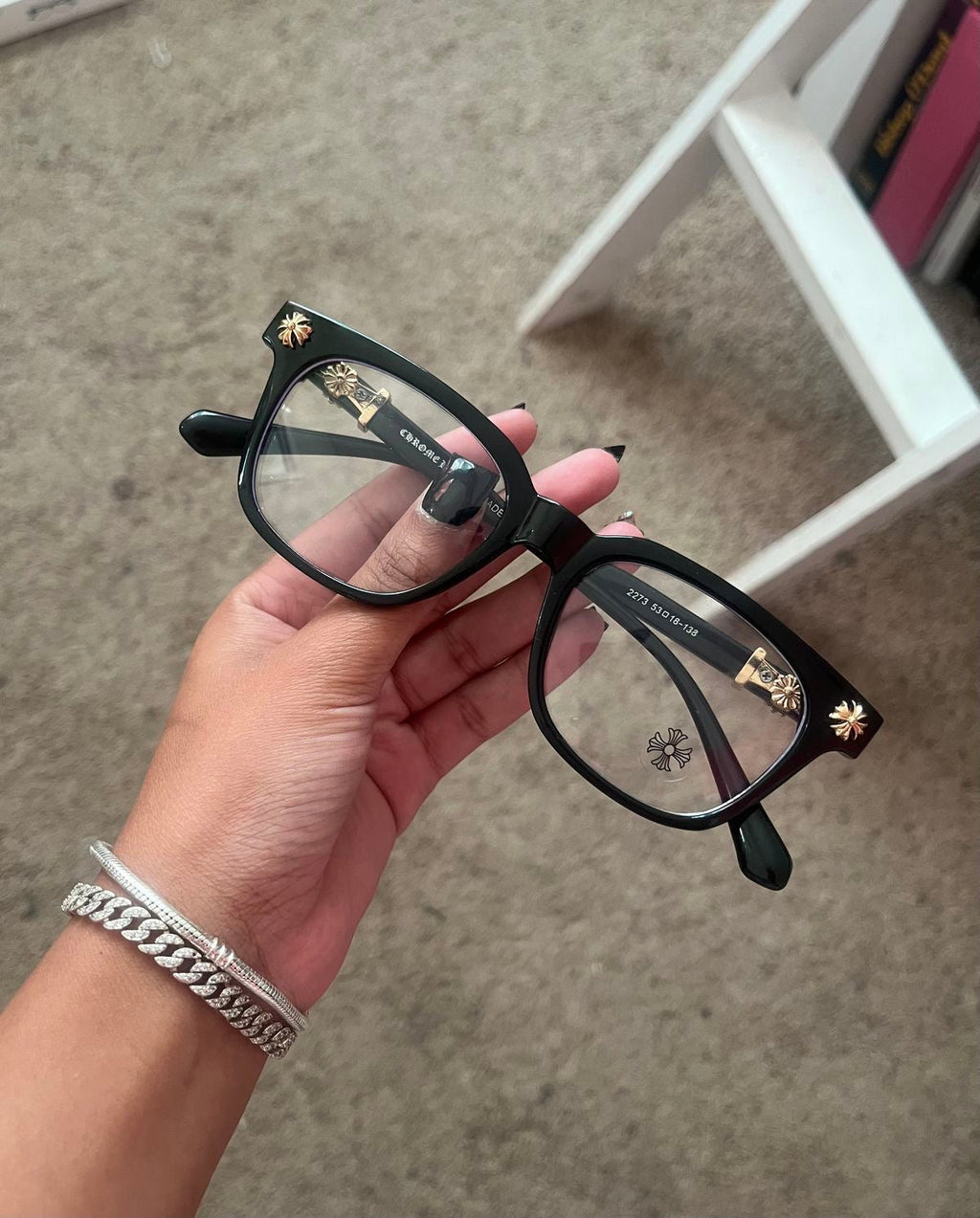Chrome heart glasses - black & gold badges - bamn.