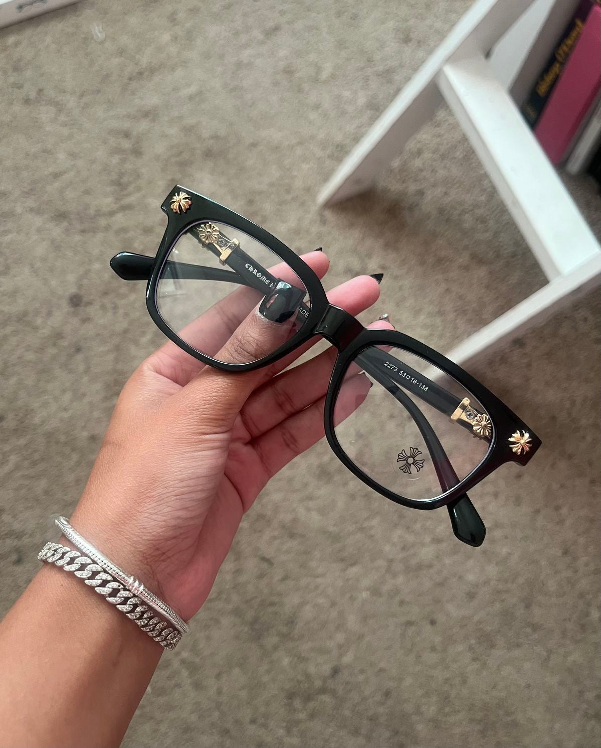 Chrome heart glasses - black & gold badges - bamn.