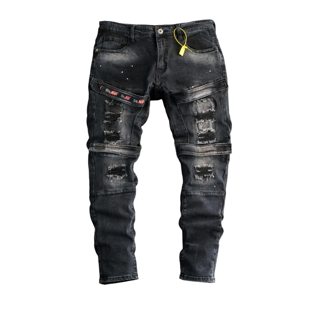 Men's Black Distressed Strap Denim Jeans - bamn.