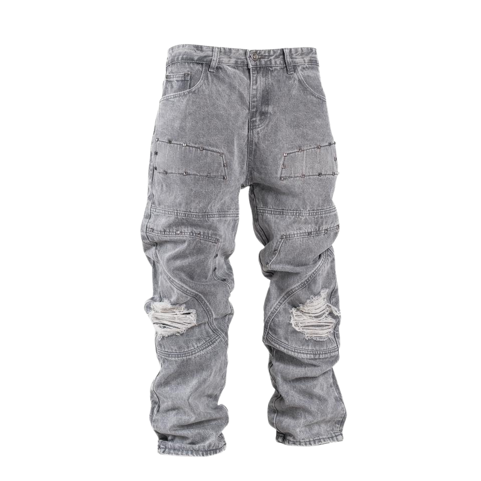 Men’s Grey Utility Distressed Baggy Jeans - bamn.