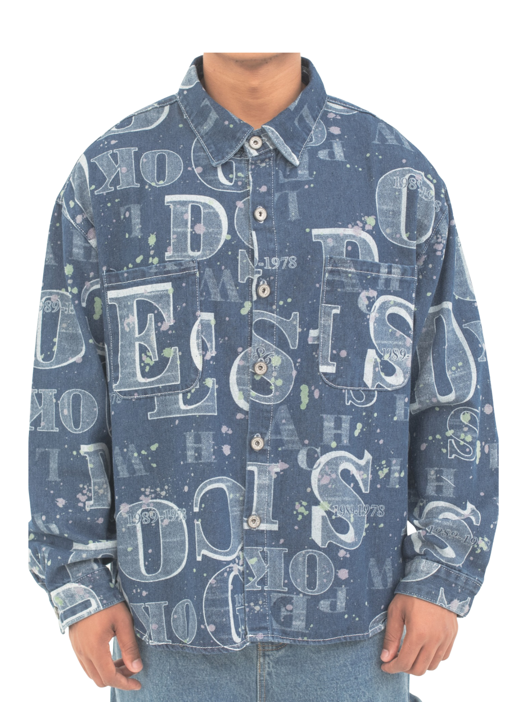 Men's Printed Denim Button-Up Shirt - bamn.
