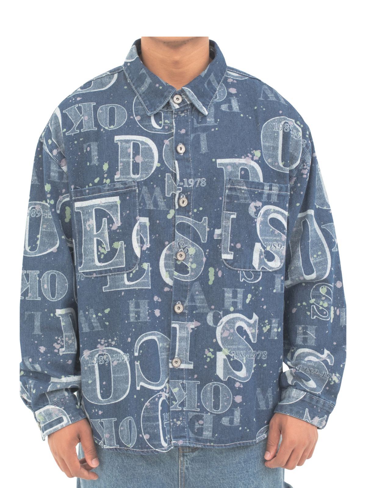 Men's Printed Denim Button-Up Shirt - bamn.