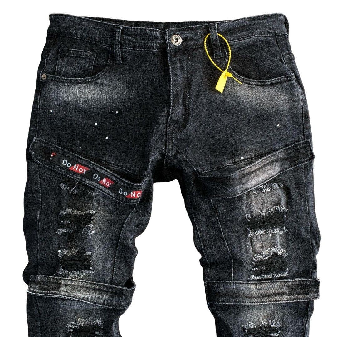 Men's Black Distressed Strap Denim Jeans - bamn.