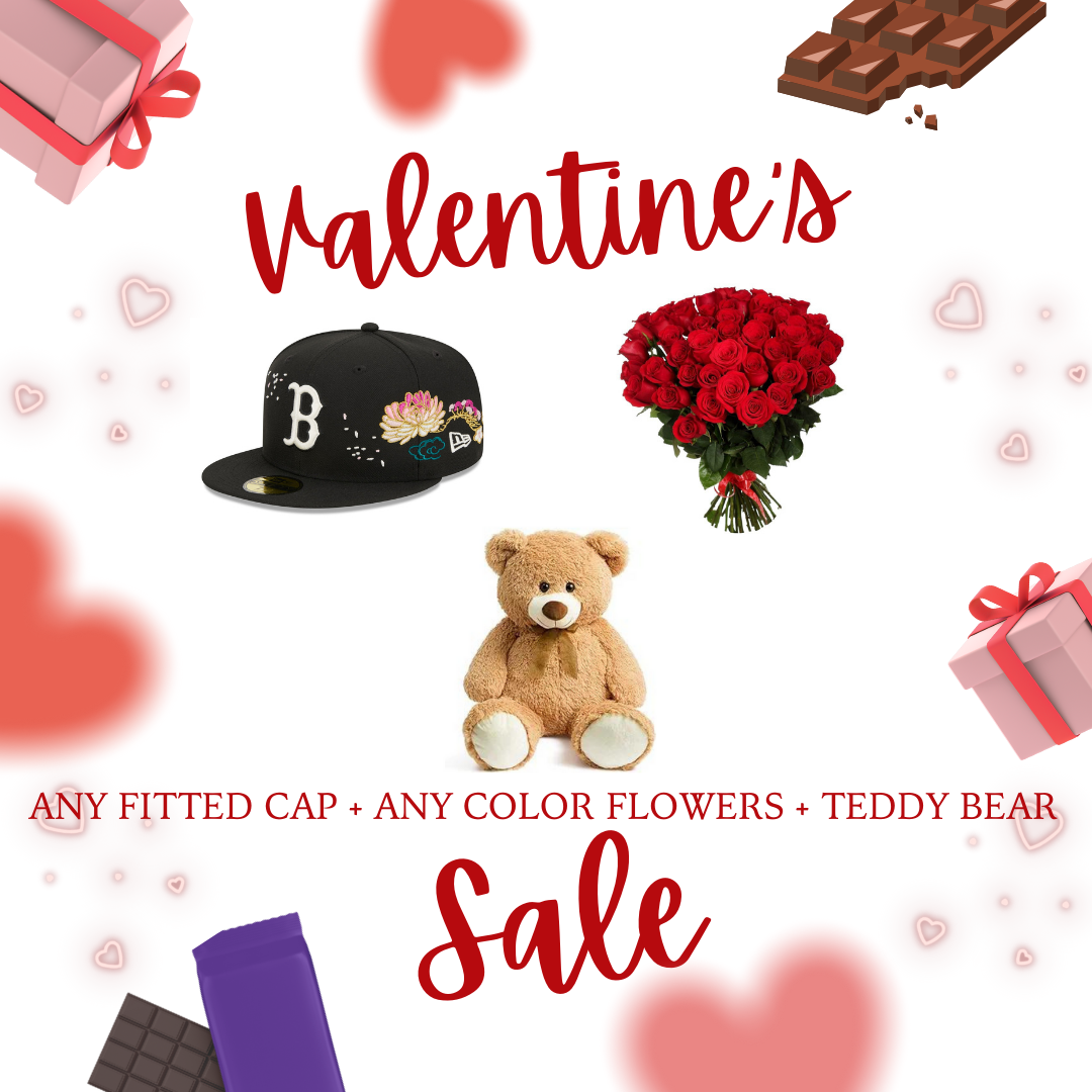 1 Fitted Cap + Glitter Flowers Bouquet + Teddy Bear