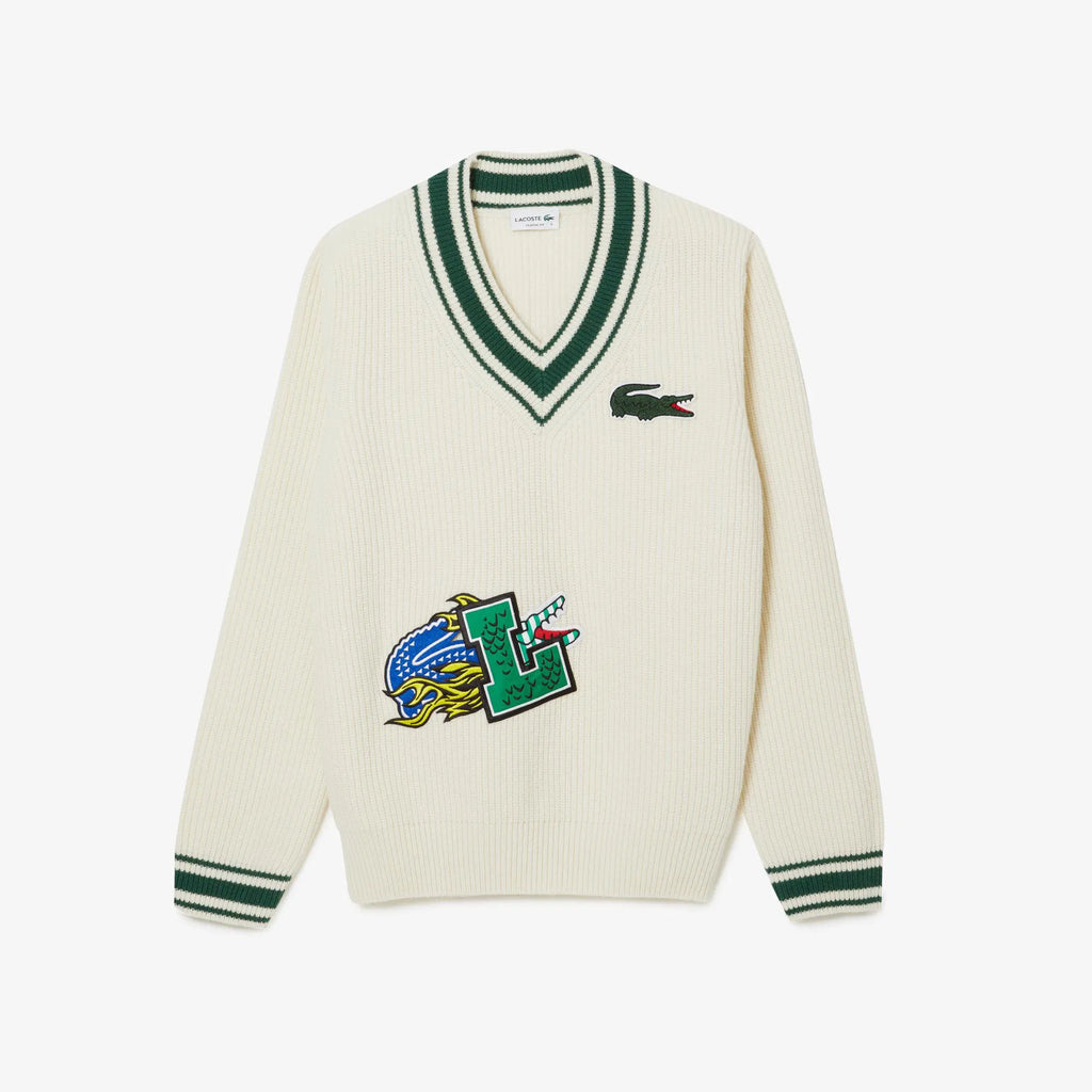 Lacoste Men's Comic Badge Striped V-Neck Sweater - bamn.
